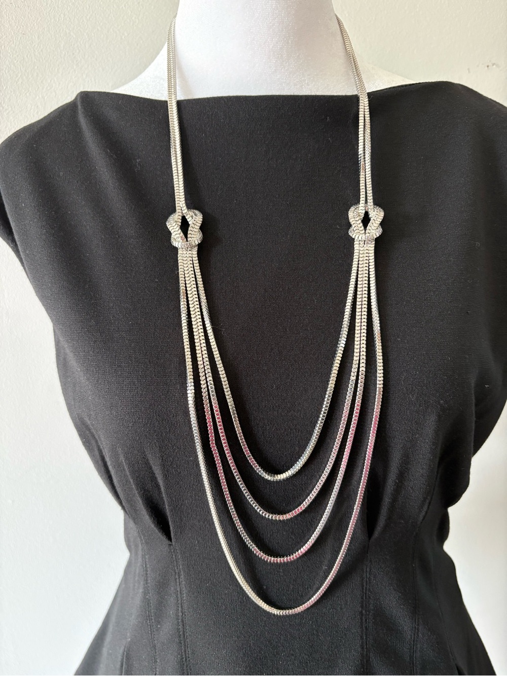 Vintage Modernist Four-Strand Liquid Drape Chain Necklace Silver Tone 30”- 37"